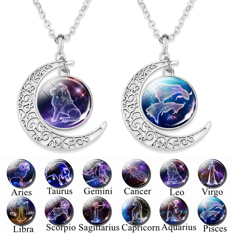 12 Constellation Crescent Moon Necklace – Zodiac Glass Pendant