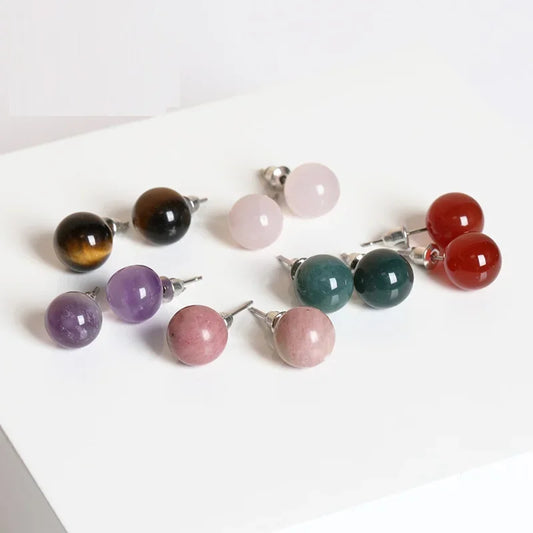 Natural Stone Healing Crystal Agate Round Ball Stud Earrings