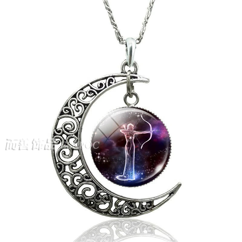 12 Constellation Crescent Moon Necklace – Zodiac Glass Pendant