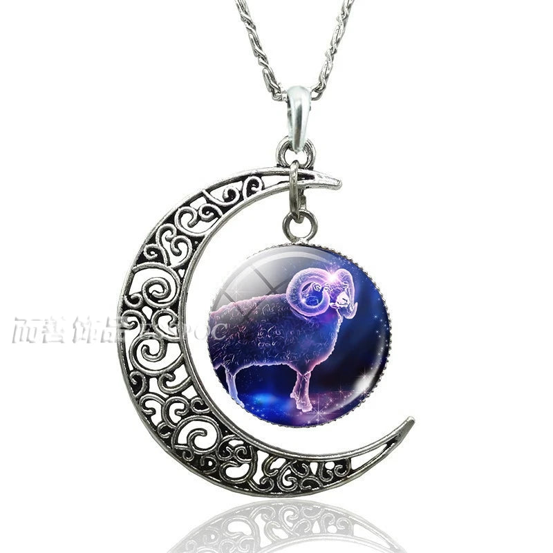 12 Constellation Crescent Moon Necklace – Zodiac Glass Pendant