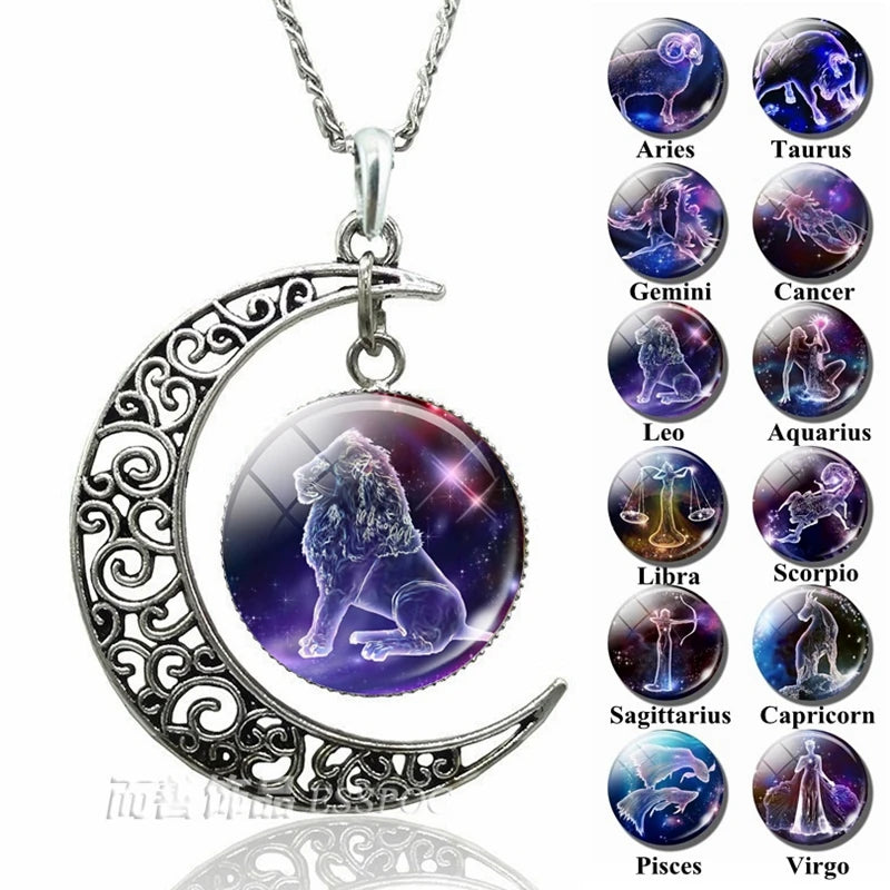 12 Constellation Crescent Moon Necklace – Zodiac Glass Pendant