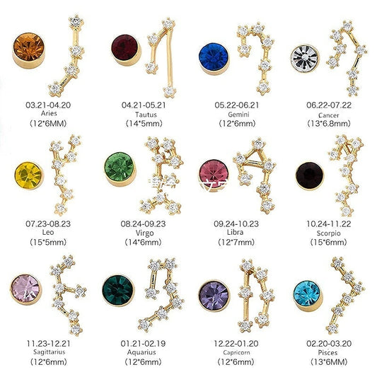 925 Silver Needle Zodiac Constellation Birthstone Stud Earrings