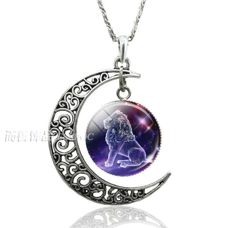 12 Constellation Crescent Moon Necklace – Zodiac Glass Pendant